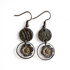 Handmade Antique Bronze & Glass Floral Dangle Earrings